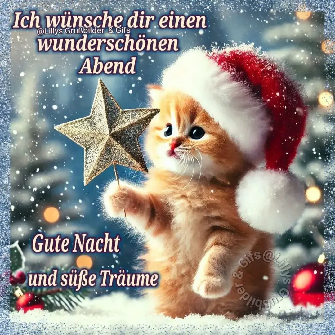 Ein niedliches orangefarbenes Kätzchen in einem roten Weihnachtsmann-Hut hält einen goldenen Stern in der Pfote, umgeben von Schnee und Weihnachtsdekorationen.